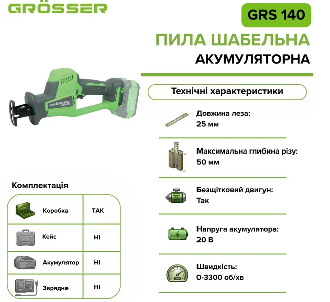 Сабельная пила Grosser GRS 140(без АКБ) G0365 фото