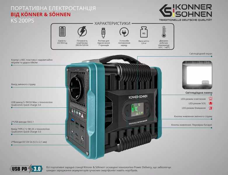 Зарядна станція Konner&Sohnen KS 200PS (222 Вт&middot;год/200 Вт) 000005667 фото