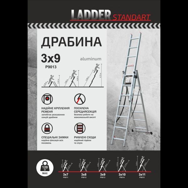 Лестница алюминиевая 3-х секционная LADDER STANDART (3х9 ступеней) 190-9013 фото