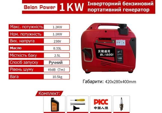 Інверторний генератор Belon Power 1200W 230V (19153) 19153 фото